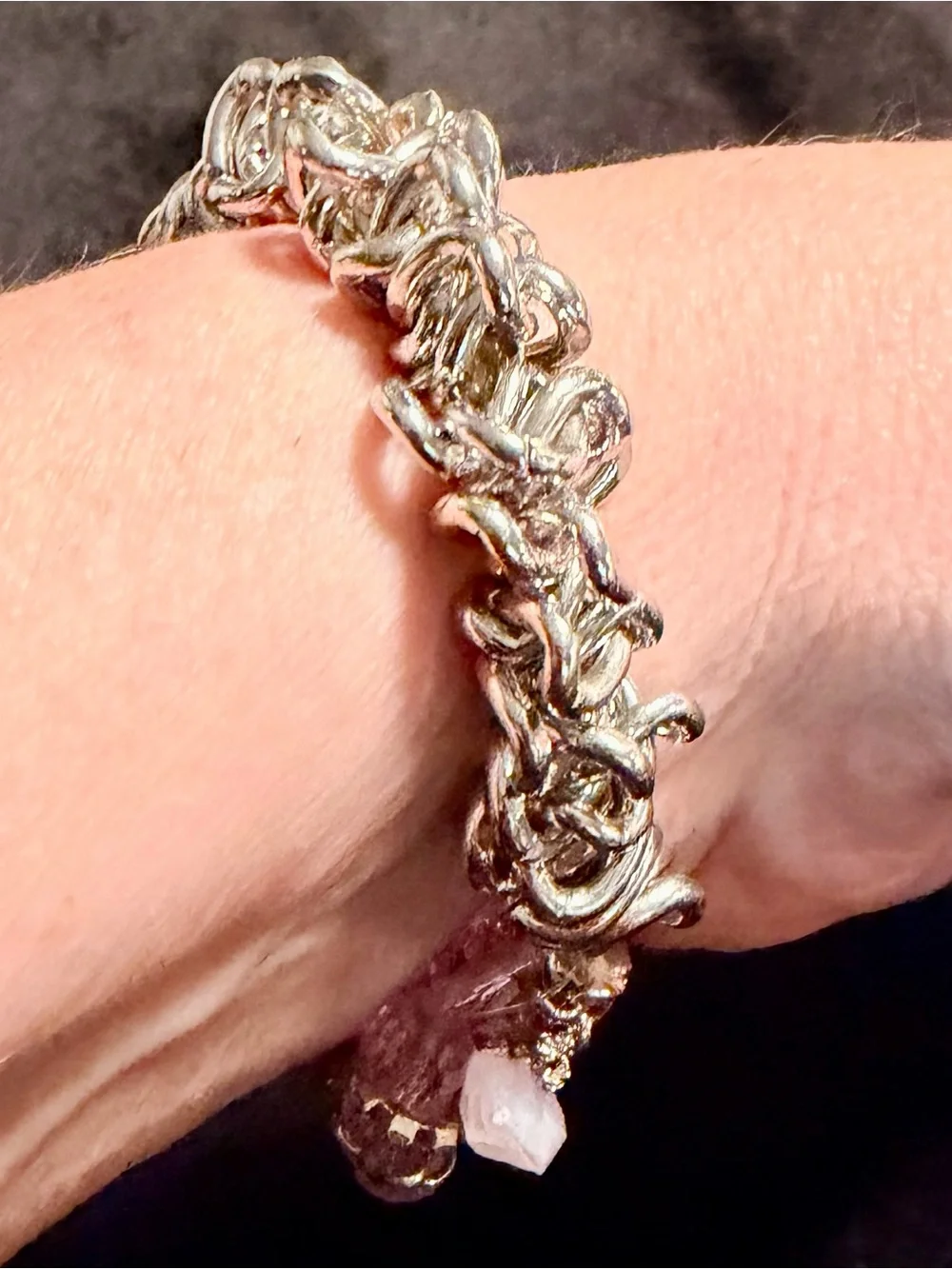 Artisan Pink Crystal Beaded Silver Tone Chainmail Statement Bracelet